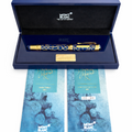 Mont Blanc pen set with blue packaging and brochures on a white background