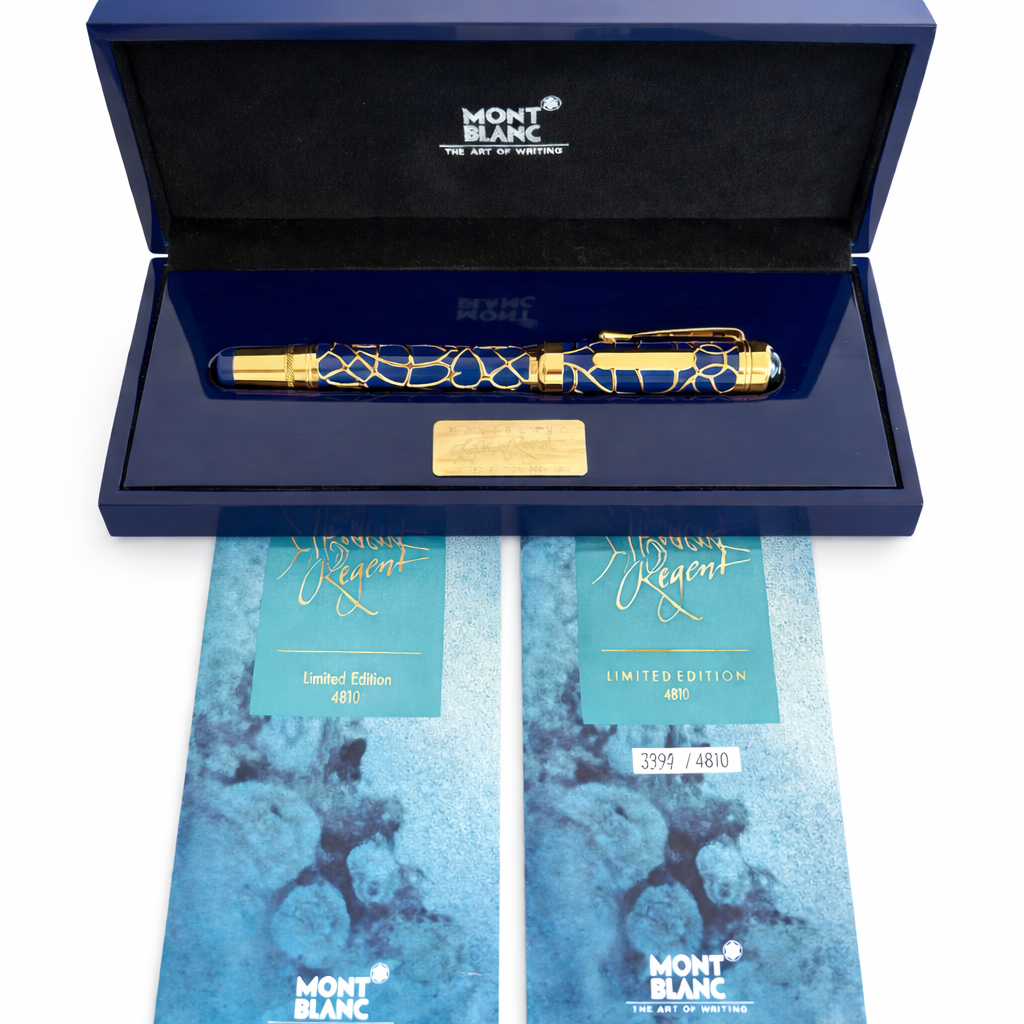 Mont Blanc pen set with blue packaging and brochures on a white background