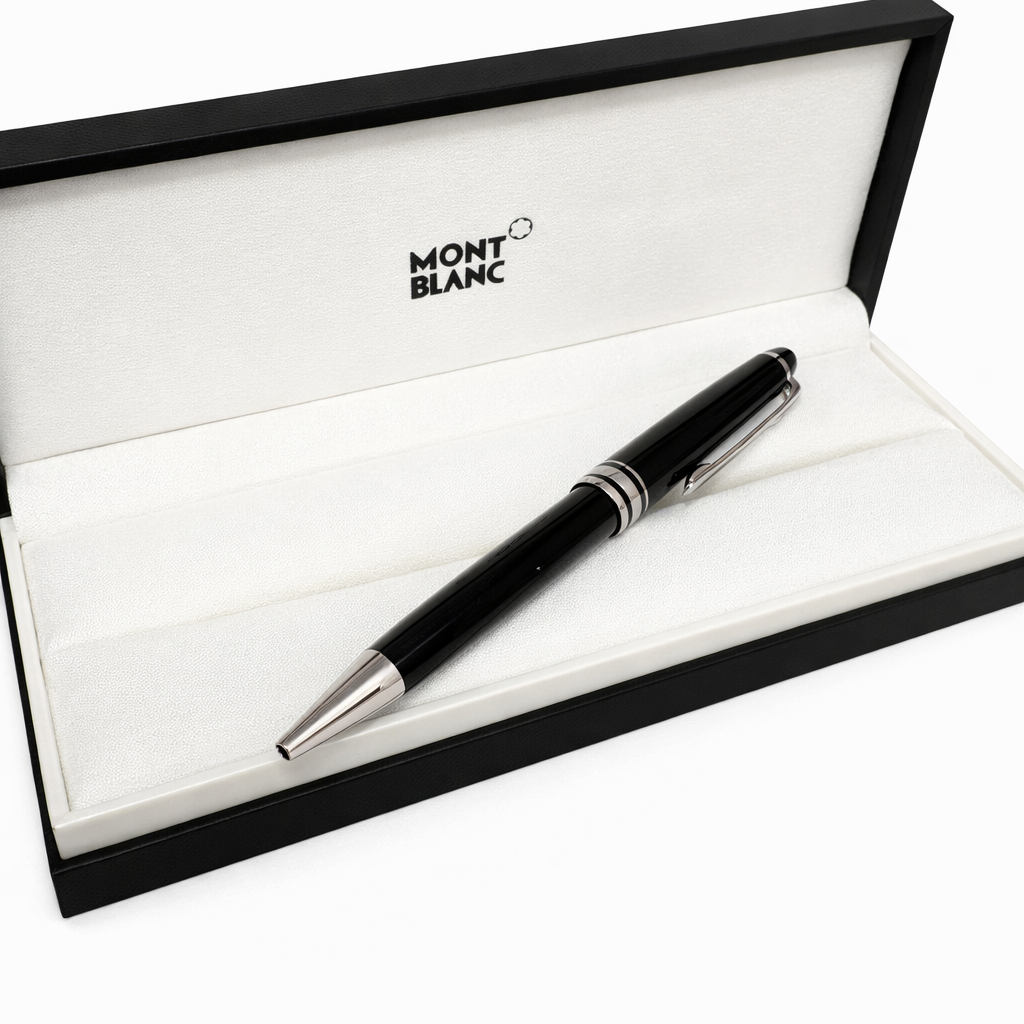 Montblanc pen in an open black box on a white background